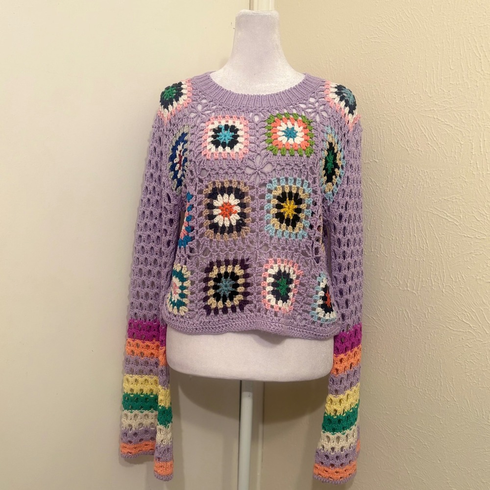 Davi‎ & Dani Purple Crochet Granny Square Rainbow Flare Sleeve Sweater Sz S